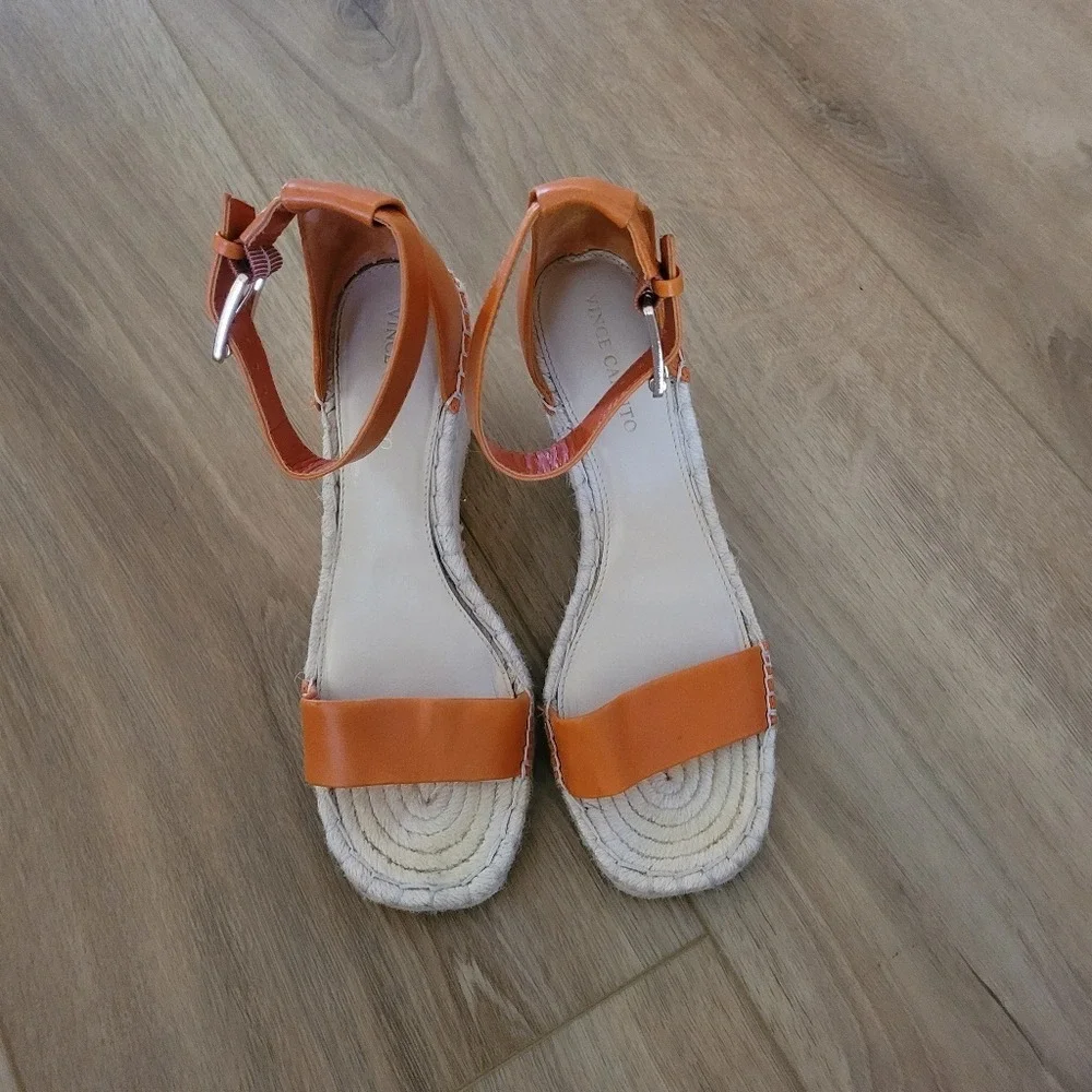 Vince Camuto Meddrina Leather Apricot Straps Jute Espadrille Wedges‎